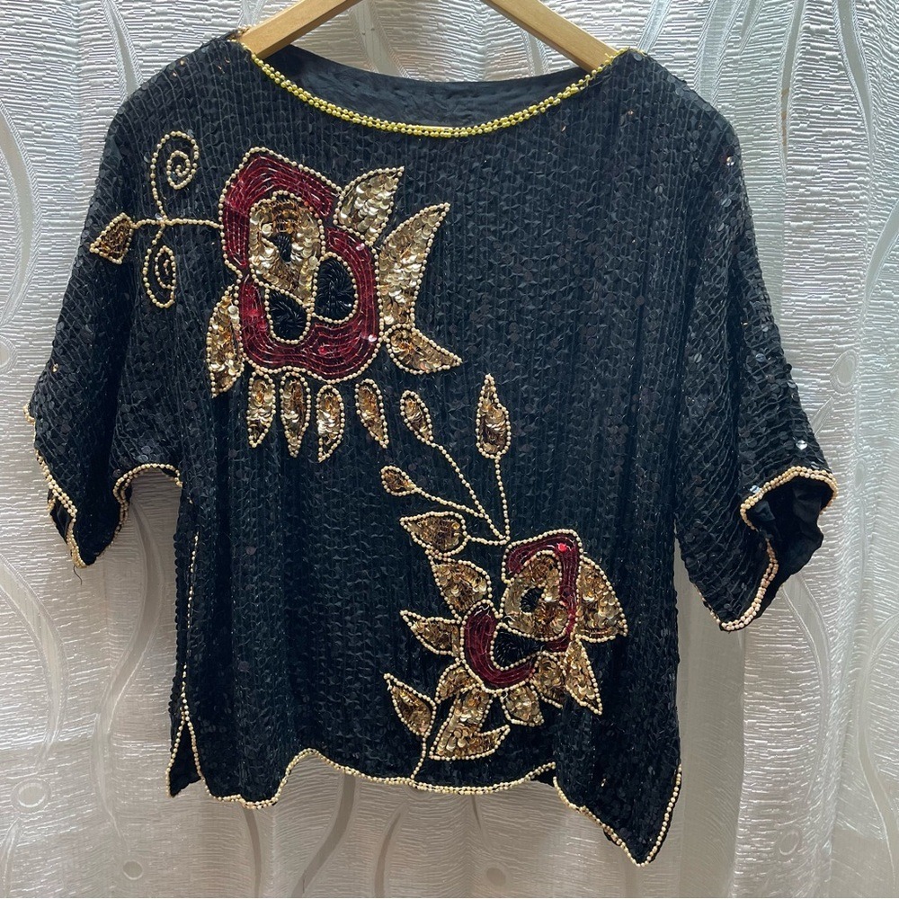 Europeen Vintage Black Sequin Floral Embellished Top Blouse‎